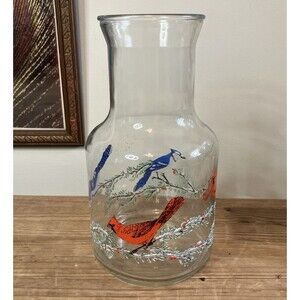 Vintage Birds Glass Carafe Jug Vase Pitcher Cardinals Blue Jays Made Canada 9 In